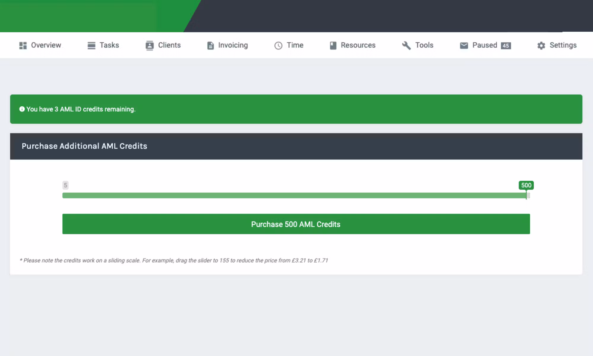 Purchasing Digital AML credits dashboard