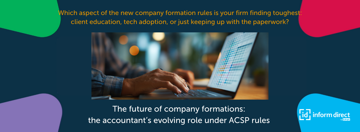 Banner depicting an accountant using digital tools for identity verification and company formation, set against a Companies House and ACSP regulation theme.